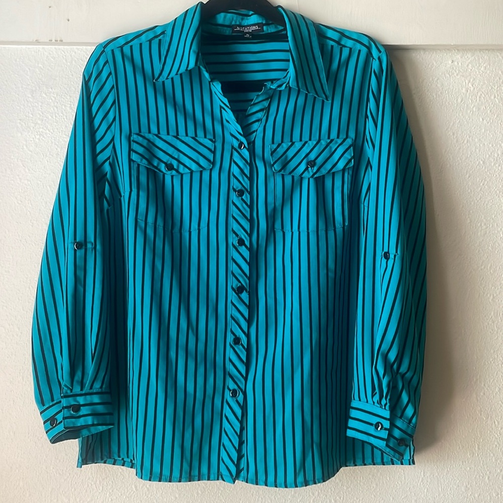 Vintage Notations teal black striped long sleeve button down blouse